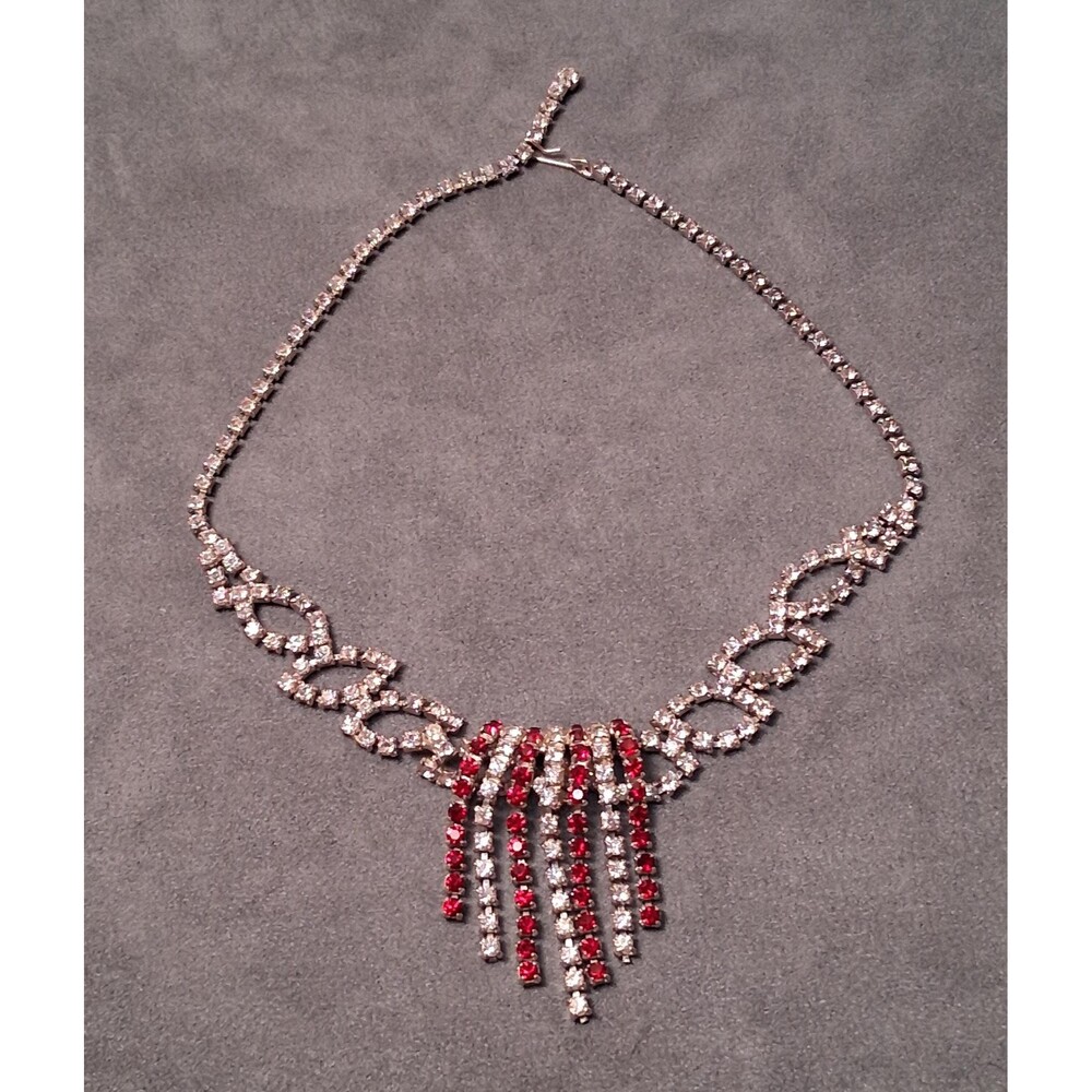 Vintage Rhinestone Fringe Necklace Ruby Red Centerpiece